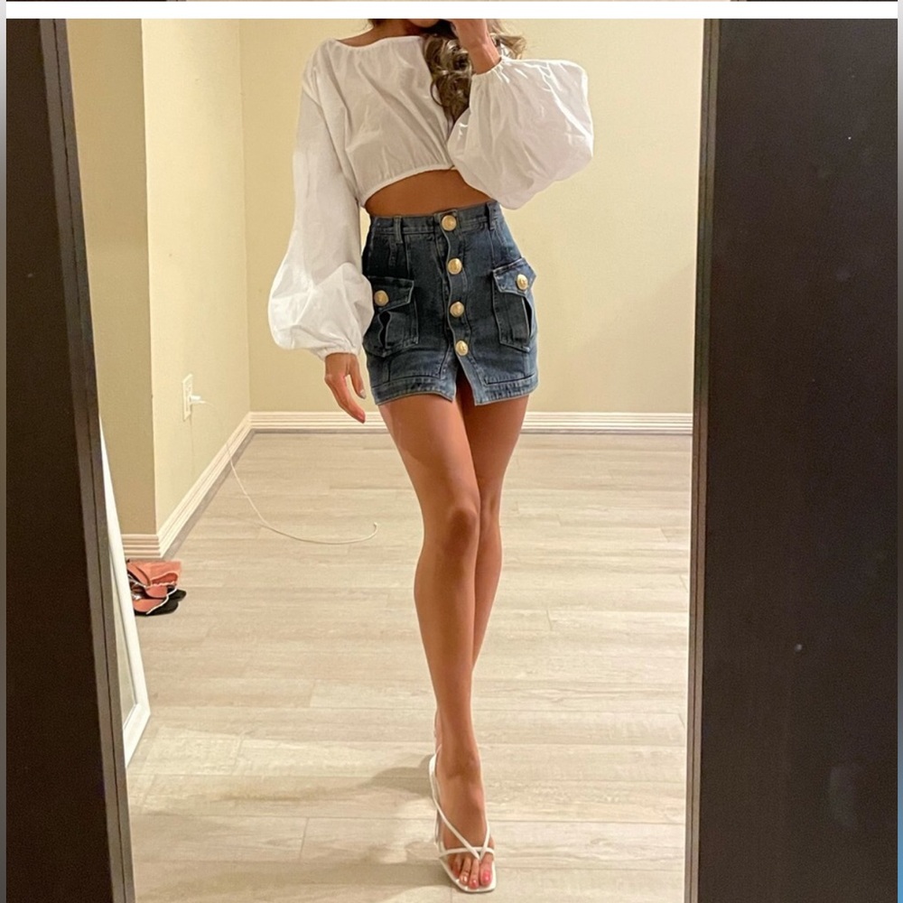 Zara By TRF denim skirt mini size XS button down raw hem